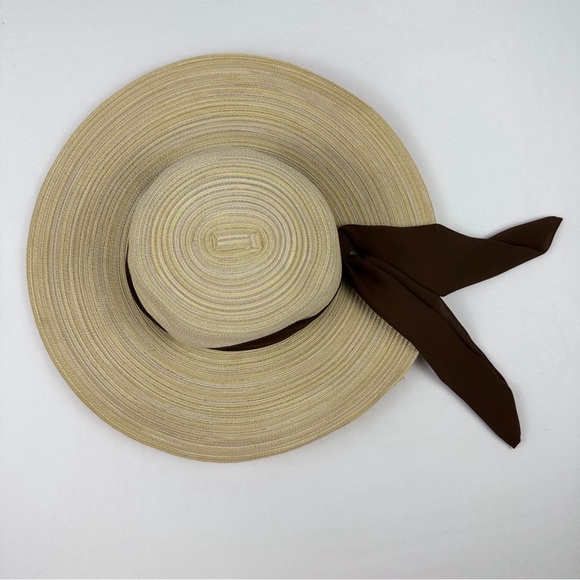 San Diego Hat Company Wide Brim Beige Blend Sun Hat Brown Scarf Tie OS - Picture 2 of 11